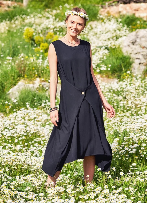 Boho Wrap Free-Size Sleeveless Long Black Dress - Mawlana Cashmere & Silk