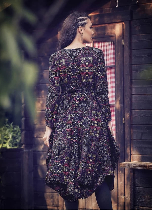 Ethnic Print Asymmetrical Hem Long Sleeve Dress - Mawlana Cashmere & Silk