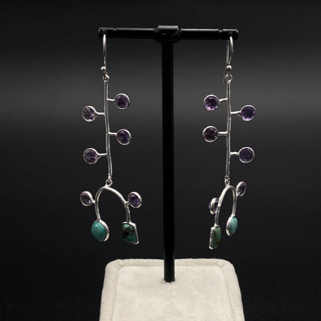 Handmade Silver Earrings Raw Stones  - Turquoise Amethyst Line Parabola
