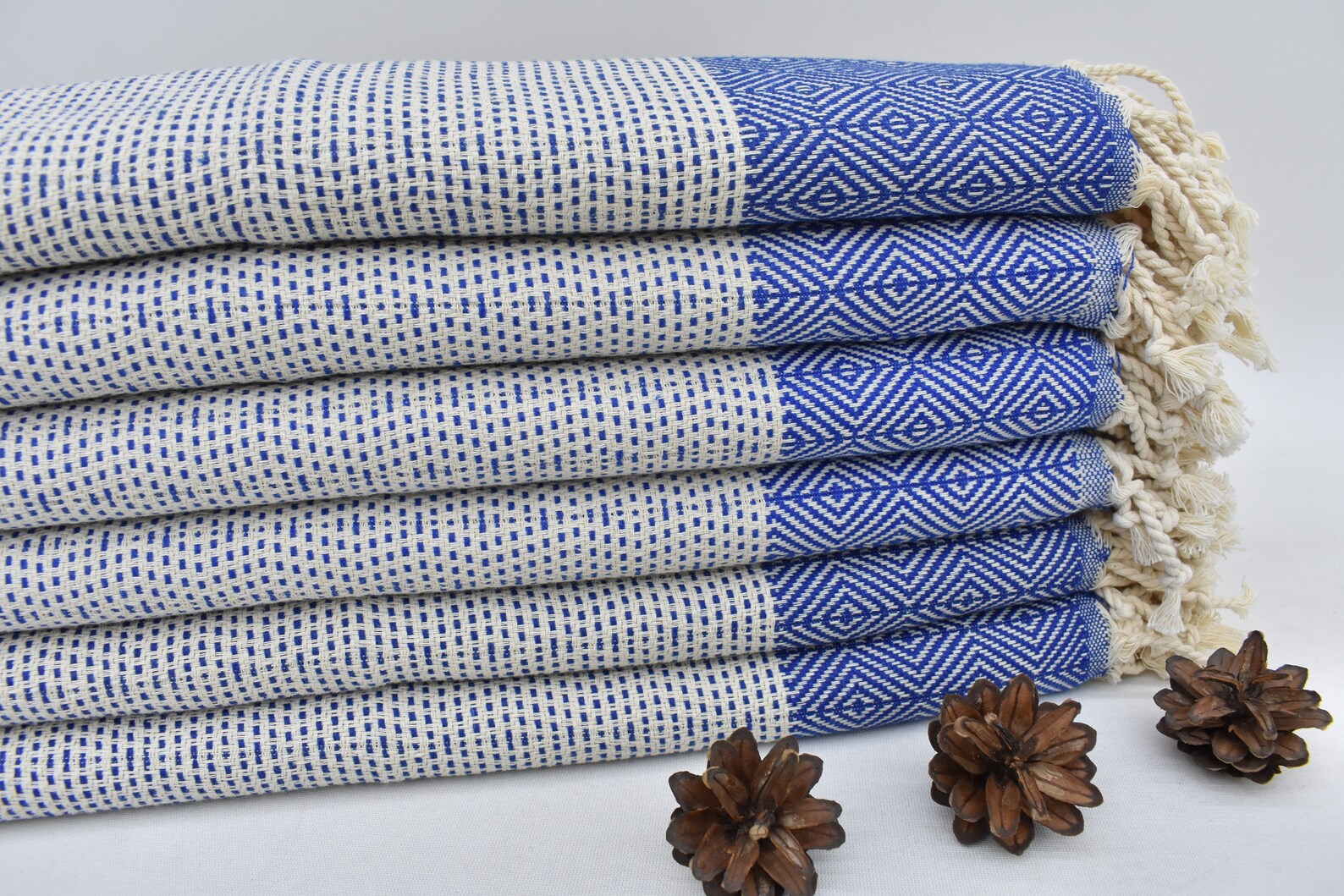 Face Towel Organic Turkish Towel Diamond Weave Sax Blue - 90cm x 50 CM
