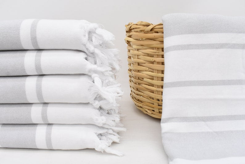 Terry Striped White Gray Bath Towel Organic Turkish Cotton - 70" X 40"