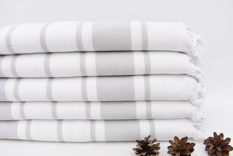 Terry Striped White Gray Bath Towel Organic Turkish Cotton - 70" X 40"