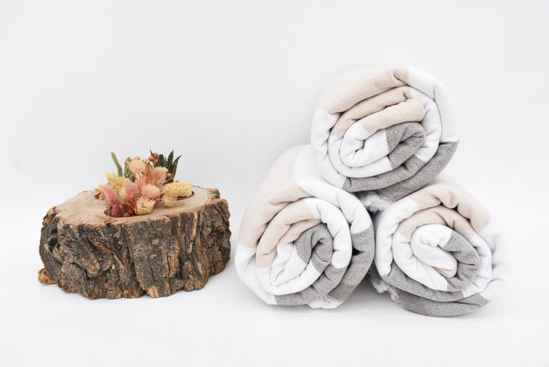 Terry Striped Peach Gray Bath Towel Organic Turkish Cotton - 70" X 40"