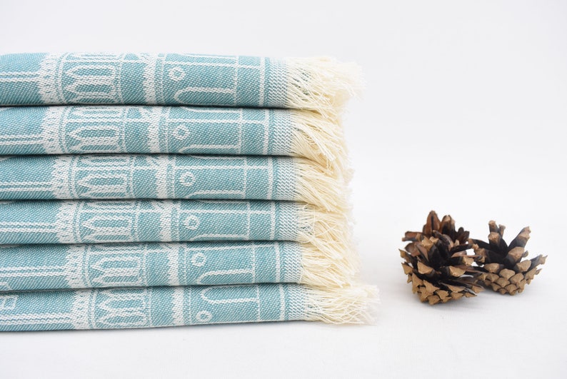 Mint Hand Tea Towel Organic Turkish Cotton Scene Patterned Tea Towel - 75 CM X 50 CM