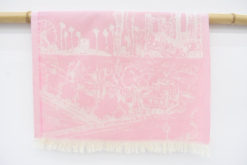 Pink Hand Tea Towel Organic Turkish Cotton Scene Patterned Tea Towel - 75 CM X 50 CM