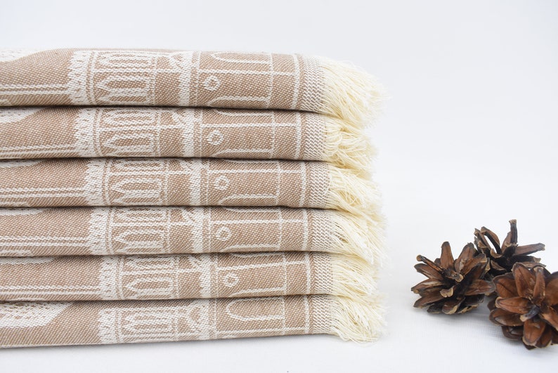 Beige Hand Tea Towel Organic Turkish Cotton Scene Patterned Tea Towel - 75 CM X 50 CM