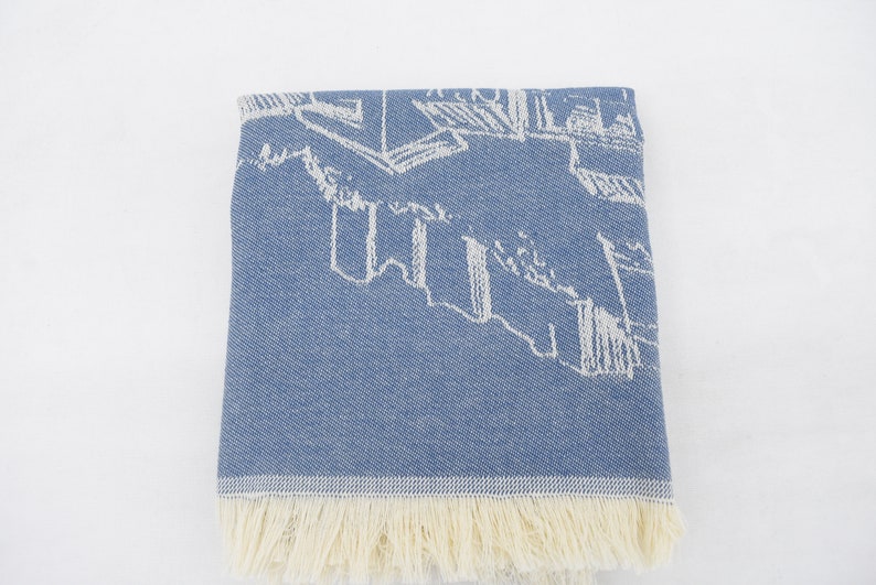 Blue Hand Tea Towel Organic Turkish Cotton Scene Patterned Tea Towel - 75 CM X 50 CM
