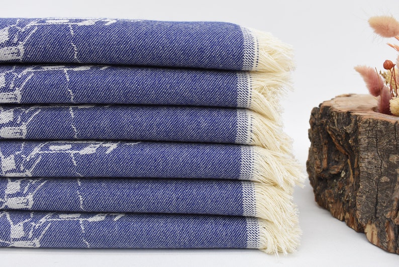 Navy Hand Tea Towel Organic Turkish Cotton Scene Patterned Tea Towel - 75 CM X 50 CM