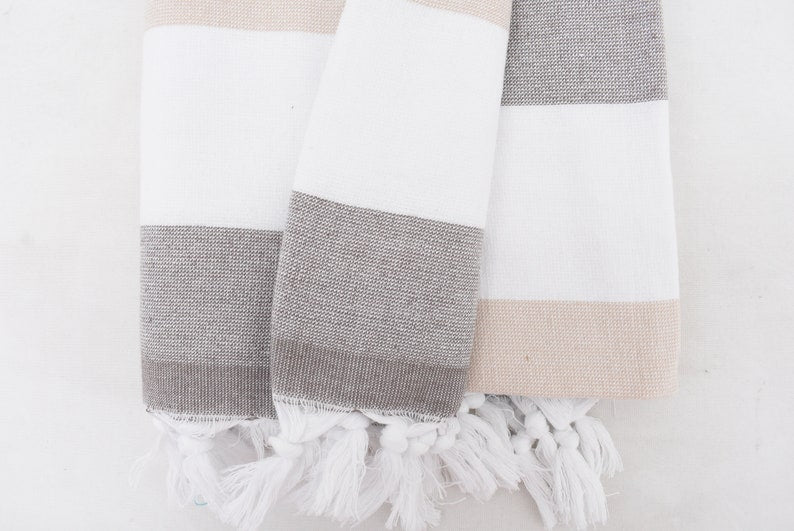 Terry Striped Peach Gray Bath Towel Organic Turkish Cotton - 70" X 40"