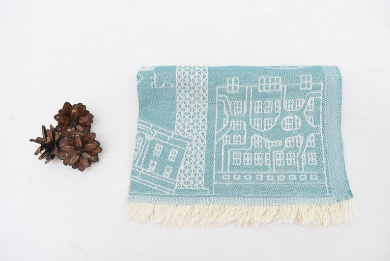 Mint Hand Tea Towel Organic Turkish Cotton Scene Patterned Tea Towel - 75 CM X 50 CM