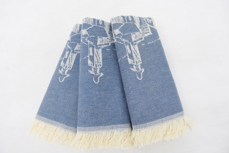 Blue Hand Tea Towel Organic Turkish Cotton Scene Patterned Tea Towel - 75 CM X 50 CM