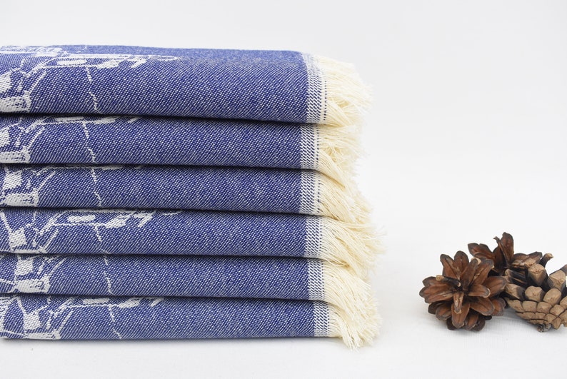 Navy Hand Tea Towel Organic Turkish Cotton Scene Patterned Tea Towel - 75 CM X 50 CM