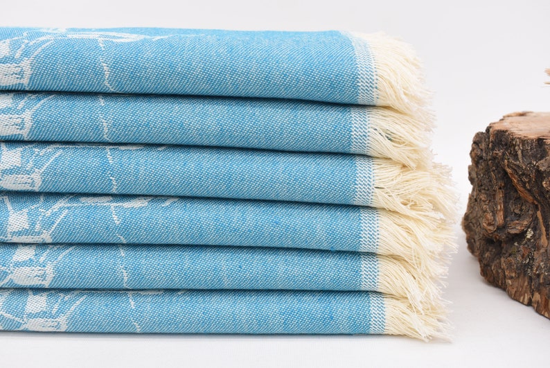Turquoise Hand Tea Towel Organic Turkish Cotton Scene Patterned Tea Towel - 75 CM X 50 CM