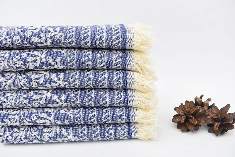 Navy Hand Towel Organic Turkish Cotton Nautical Patterned Tea Towel - 75 CM X 50 CM