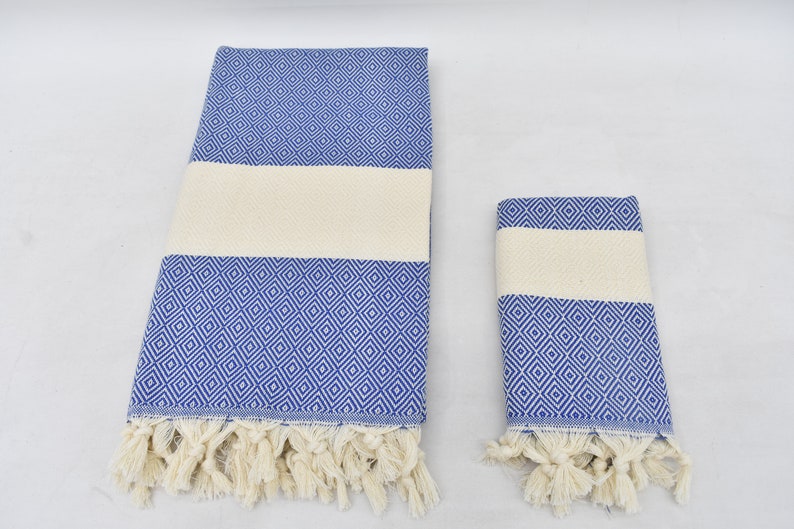 Blue Bath & Hand Diamonds Towel Organic Turkish Cotton - 70" X 40" - 36" X 20"
