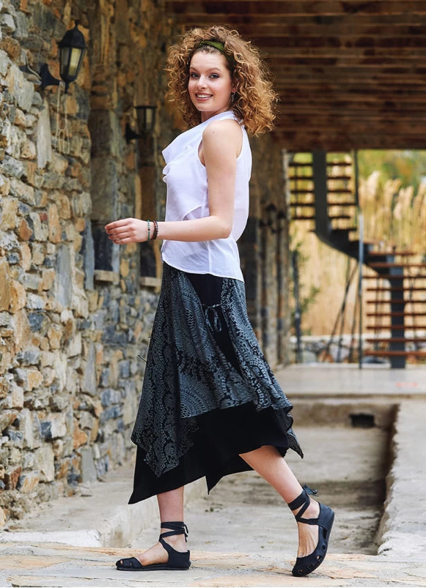 Patterned Double Layered Midi Skirt FreeSize - Gray Mandalla