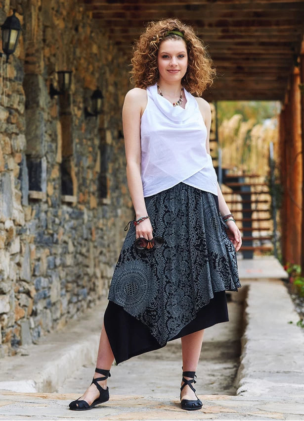 Patterned Double Layered Midi Skirt FreeSize - Gray Mandalla