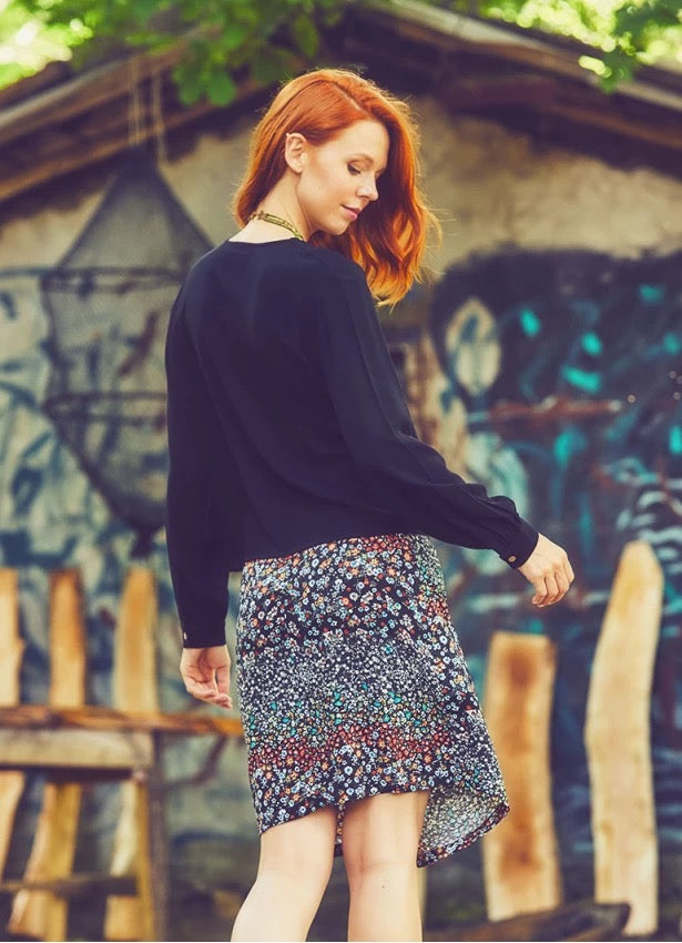 Boho Mini Skirt Side Buttons - Indigo Floral